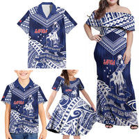 Personalised Samoa Rugby Family Matching Off Shoulder Maxi Dress and Hawaiian Shirt Pacific Warrior Glory - Polynesian Pride