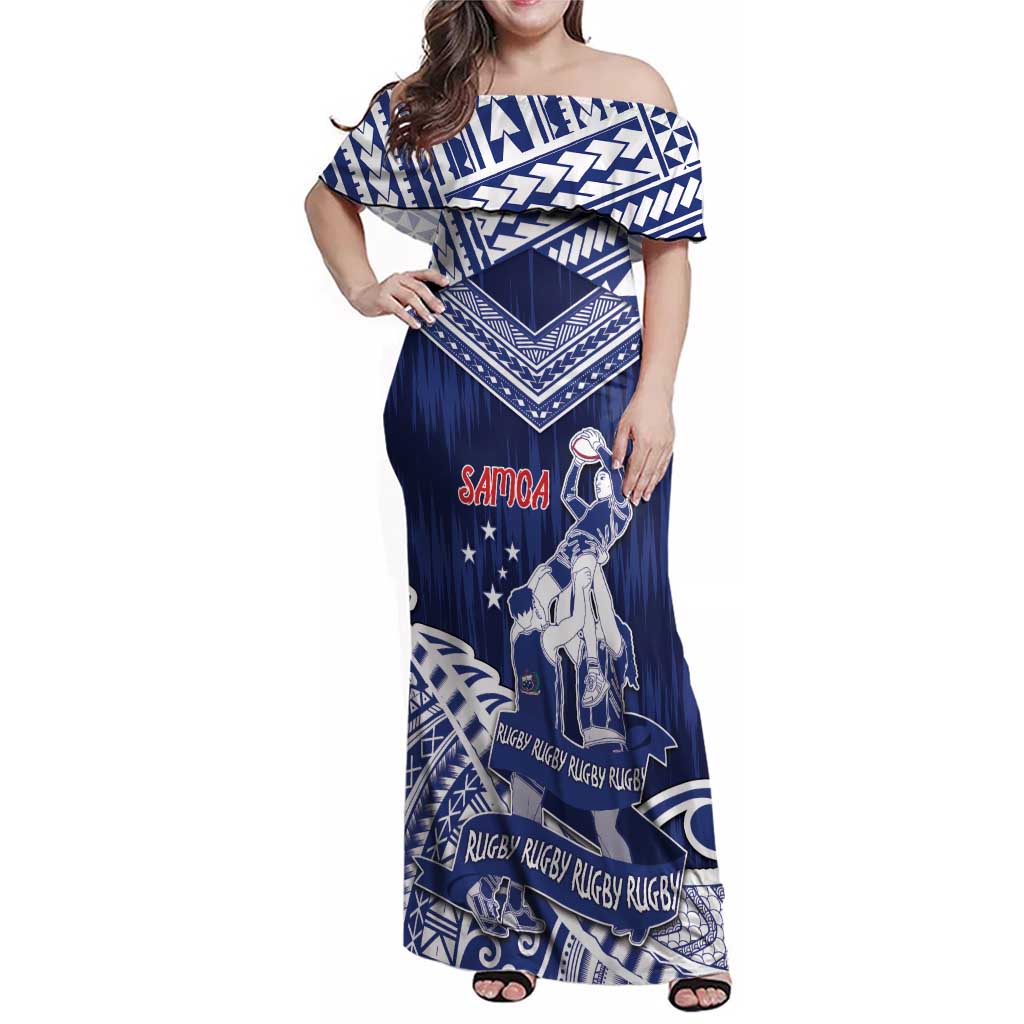 Personalised Samoa Rugby Family Matching Off Shoulder Maxi Dress and Hawaiian Shirt Pacific Warrior Glory - Polynesian Pride