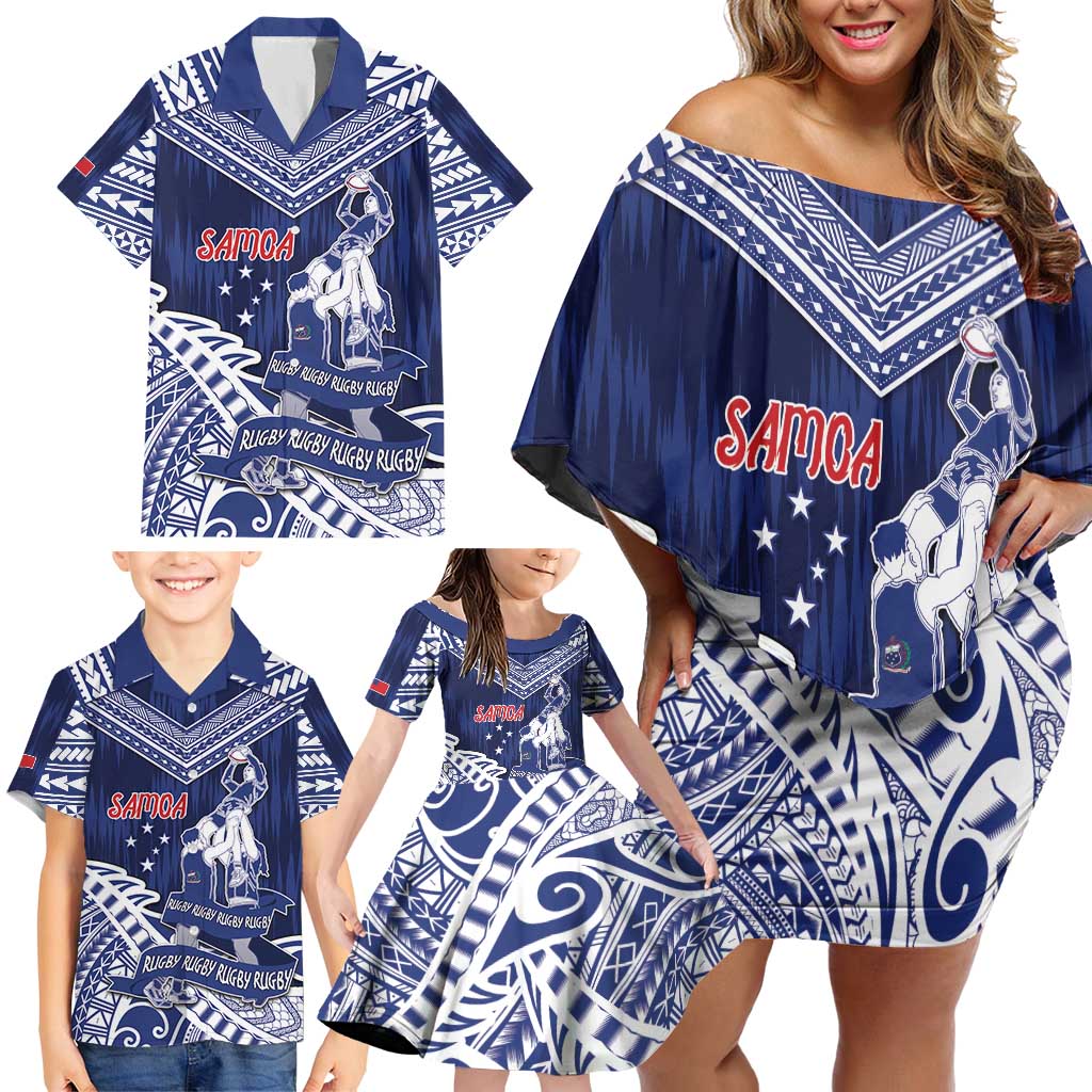 Personalised Samoa Rugby Family Matching Off Shoulder Short Dress and Hawaiian Shirt Pacific Warrior Glory - Polynesian Pride