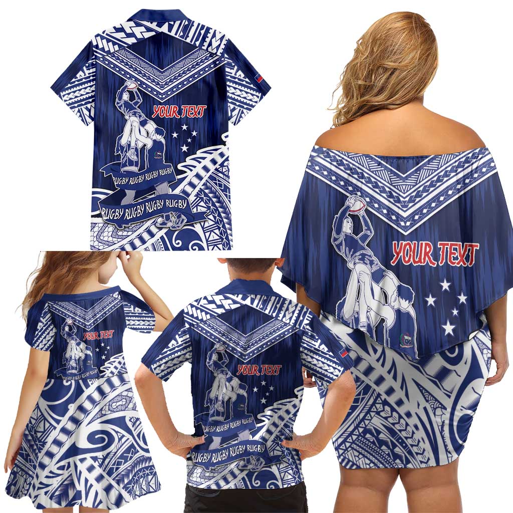Personalised Samoa Rugby Family Matching Off Shoulder Short Dress and Hawaiian Shirt Pacific Warrior Glory - Polynesian Pride
