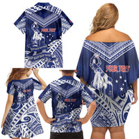 Personalised Samoa Rugby Family Matching Off Shoulder Short Dress and Hawaiian Shirt Pacific Warrior Glory - Polynesian Pride