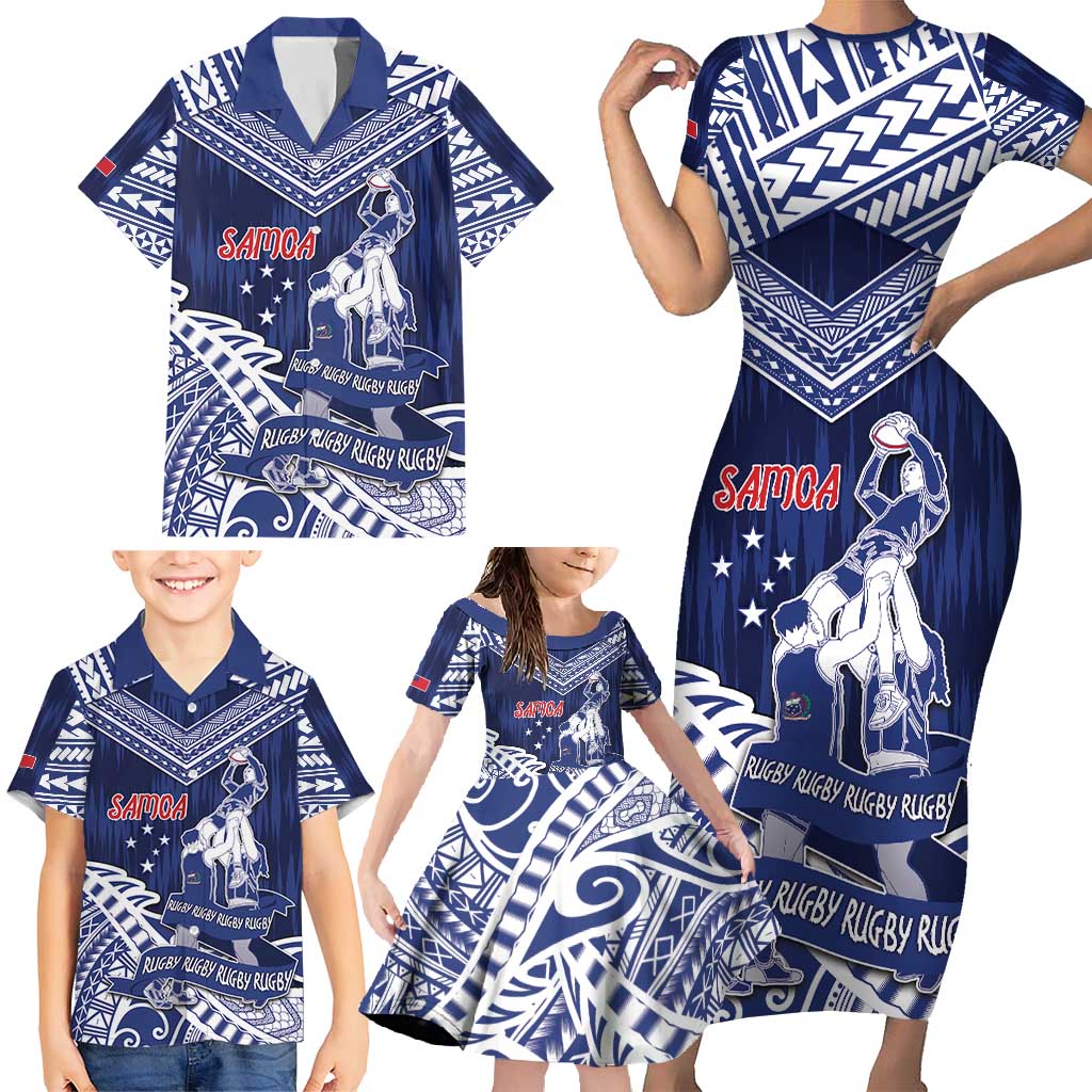 Personalised Samoa Rugby Family Matching Short Sleeve Bodycon Dress and Hawaiian Shirt Pacific Warrior Glory - Polynesian Pride