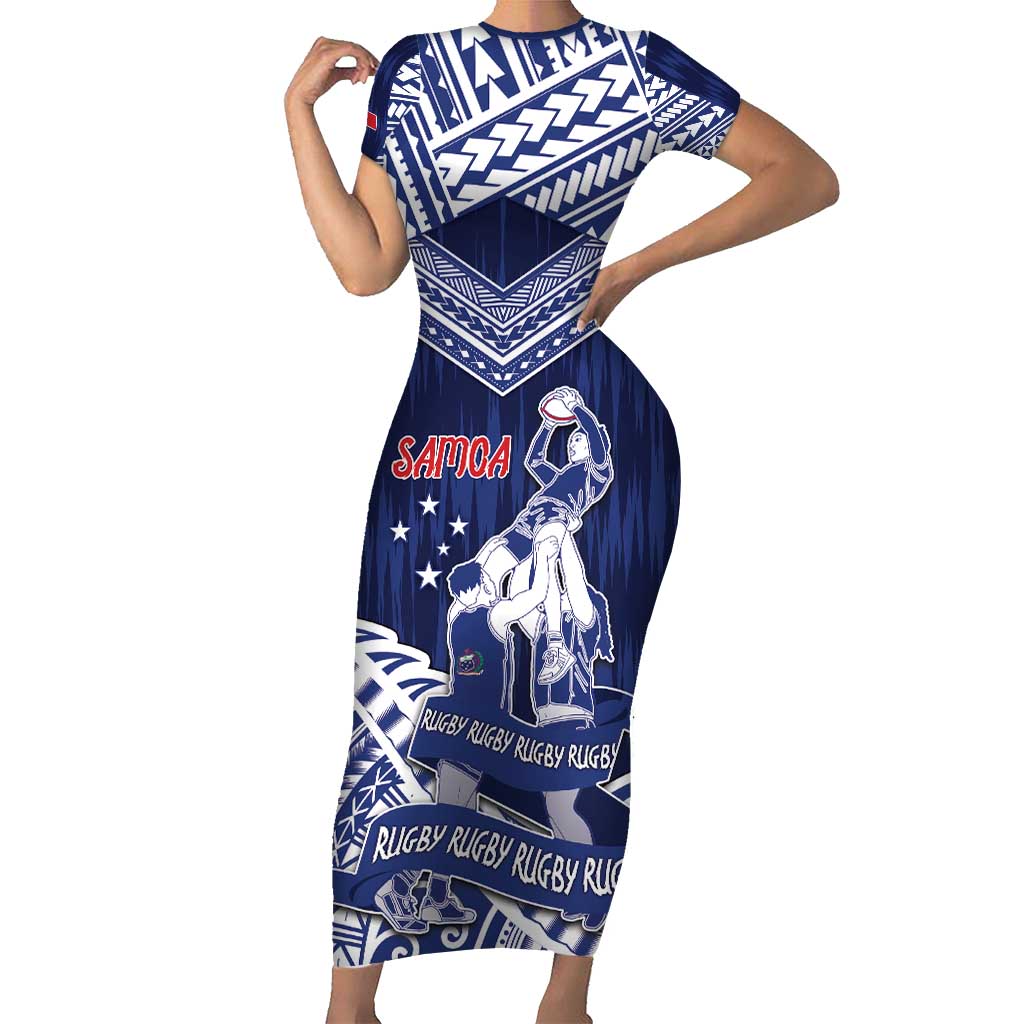 Personalised Samoa Rugby Family Matching Short Sleeve Bodycon Dress and Hawaiian Shirt Pacific Warrior Glory - Polynesian Pride