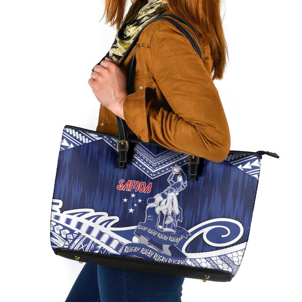 Samoa Rugby Leather Tote Bag Pacific Warrior Glory DT05 Navy - Polynesian Pride