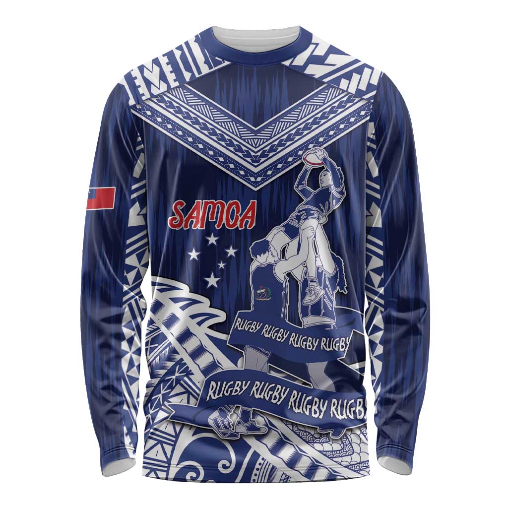 Personalised Samoa Rugby Long Sleeve Shirt Pacific Warrior Glory DT05 Unisex Navy - Polynesian Pride