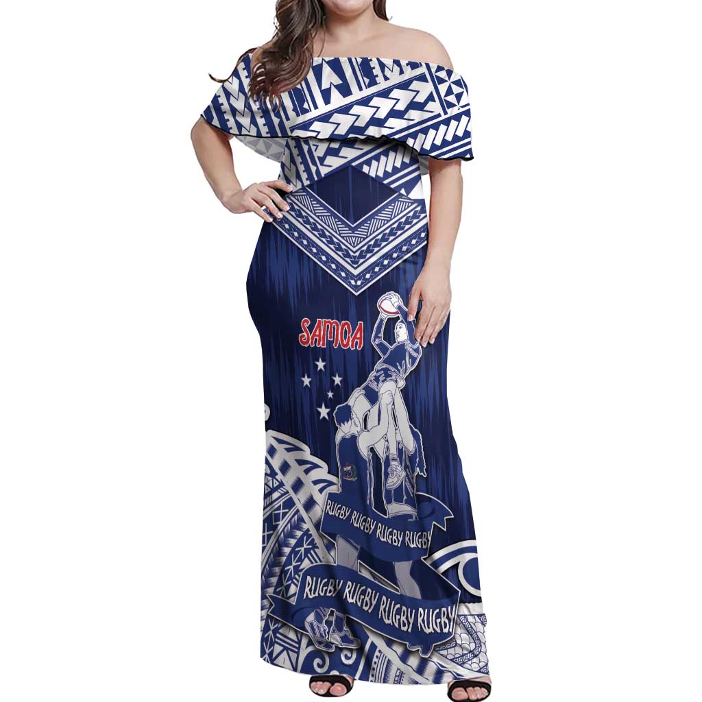 Personalised Samoa Rugby Off Shoulder Maxi Dress Pacific Warrior Glory - Polynesian Pride
