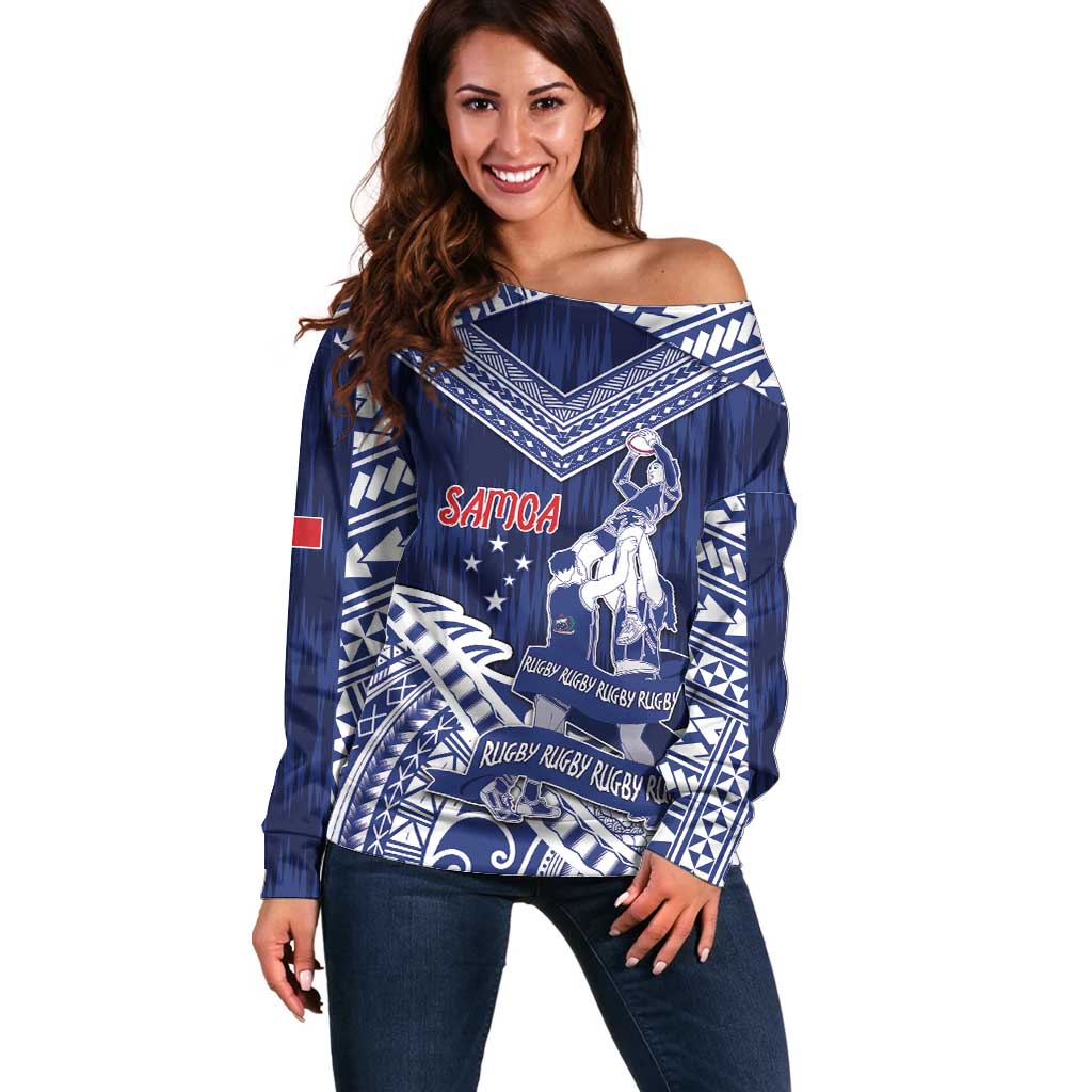 Personalised Samoa Rugby Off Shoulder Sweater Pacific Warrior Glory DT05 Women Navy - Polynesian Pride