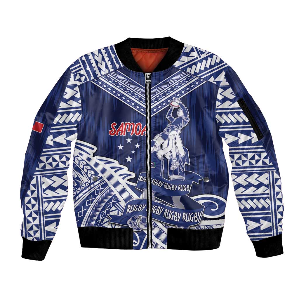 Personalised Samoa Rugby Sleeve Zip Bomber Jacket Pacific Warrior Glory DT05 Unisex Navy - Polynesian Pride