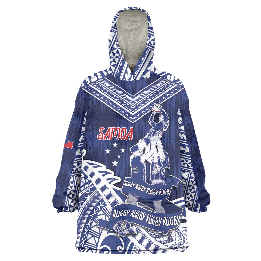 Personalised Samoa Rugby Wearable Blanket Hoodie Pacific Warrior Glory DT05 One Size Navy - Polynesian Pride