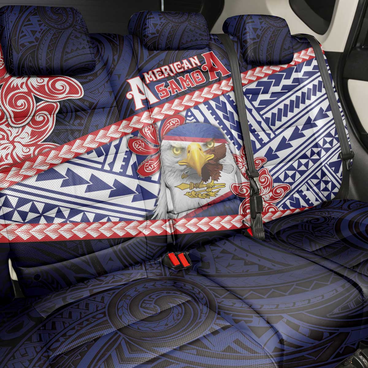 American Samoa Back Car Seat Cover Bald Eagle With Polynesian Pattern - Polynesian Pride