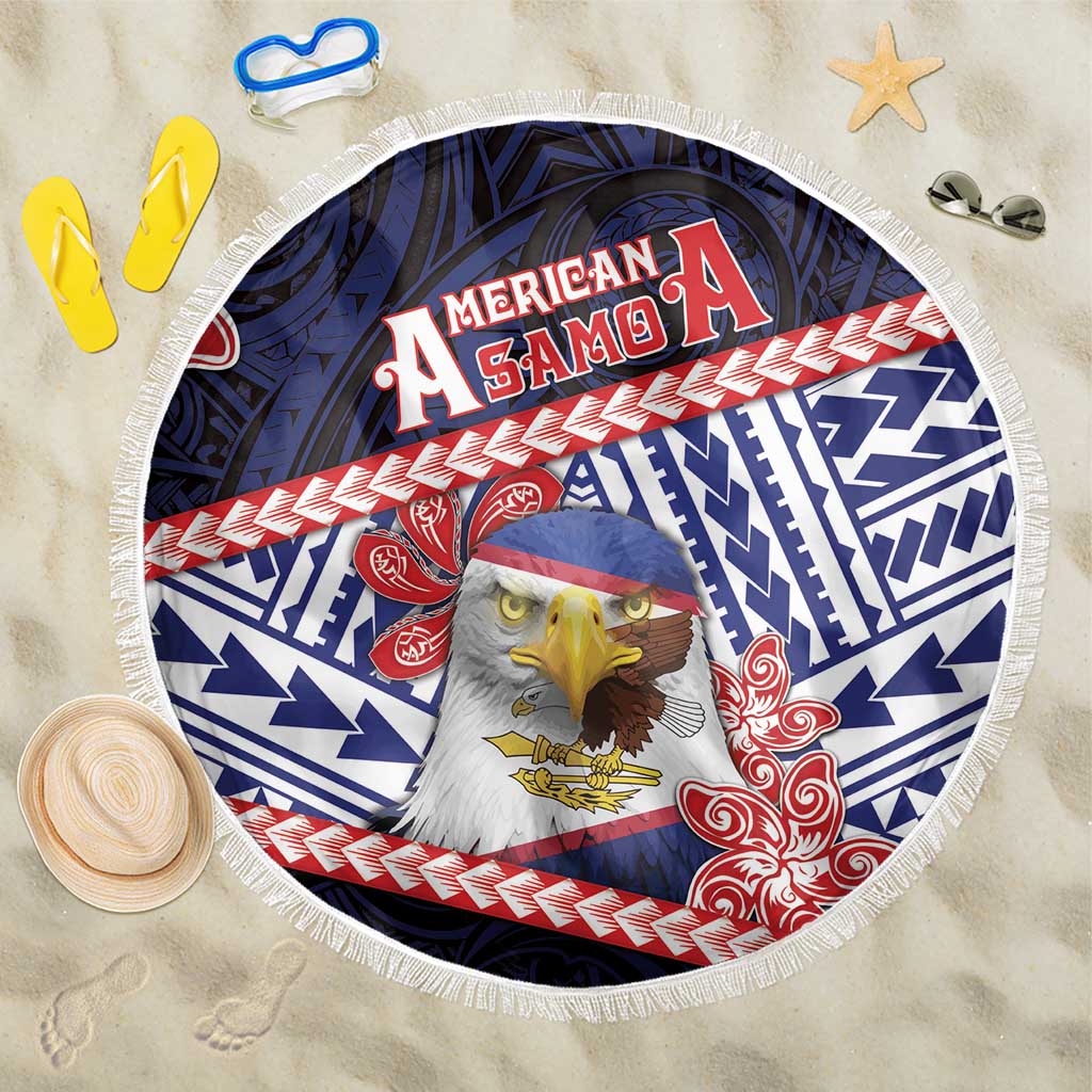 American Samoa Beach Blanket Bald Eagle With Polynesian Pattern DT05 One Size 150cm Navy - Polynesian Pride