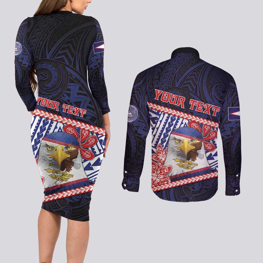 Personalized American Samoa Couples Matching Long Sleeve Bodycon Dress and Long Sleeve Button Shirt Bald Eagle With Polynesian Pattern - Polynesian Pride
