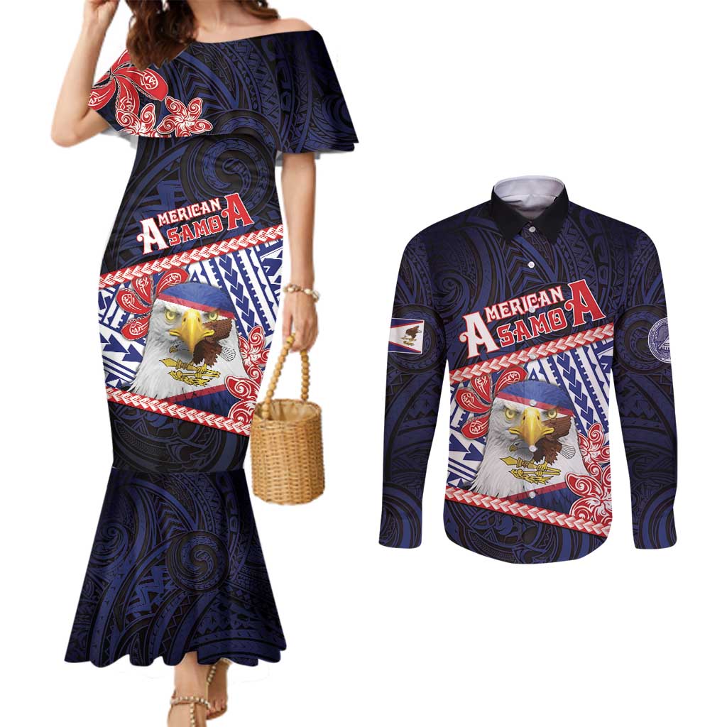 Personalized American Samoa Couples Matching Mermaid Dress and Long Sleeve Button Shirt Bald Eagle With Polynesian Pattern DT05 Navy - Polynesian Pride