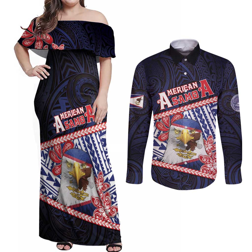 Personalized American Samoa Couples Matching Off Shoulder Maxi Dress and Long Sleeve Button Shirt Bald Eagle With Polynesian Pattern DT05 Navy - Polynesian Pride