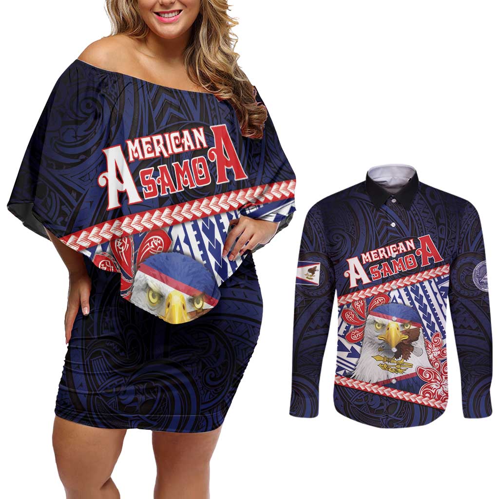 Personalized American Samoa Couples Matching Off Shoulder Short Dress and Long Sleeve Button Shirt Bald Eagle With Polynesian Pattern DT05 Navy - Polynesian Pride