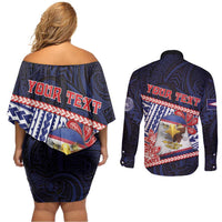 Personalized American Samoa Couples Matching Off Shoulder Short Dress and Long Sleeve Button Shirt Bald Eagle With Polynesian Pattern - Polynesian Pride