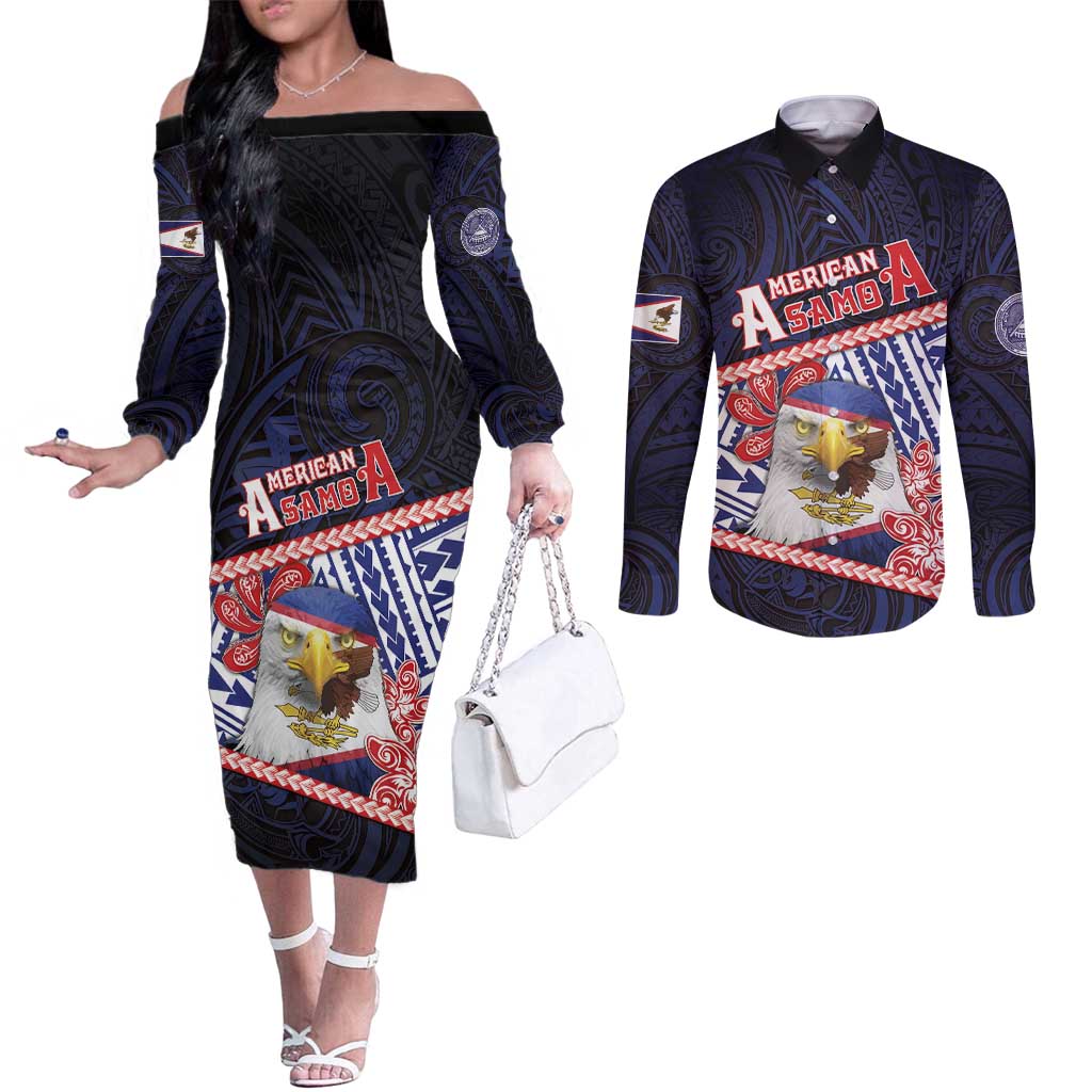 Personalized American Samoa Couples Matching Off The Shoulder Long Sleeve Dress and Long Sleeve Button Shirt Bald Eagle With Polynesian Pattern DT05 Navy - Polynesian Pride