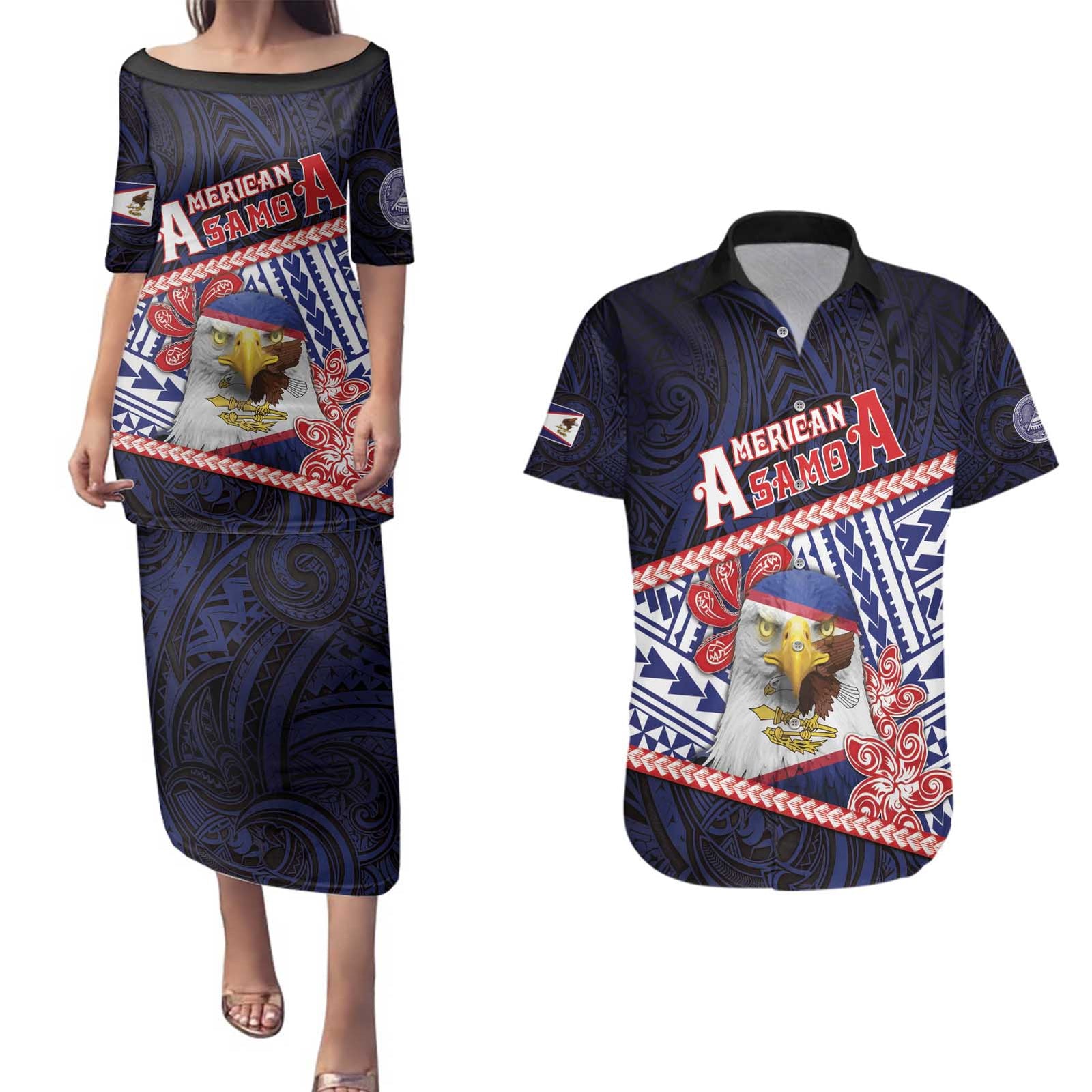 Personalized American Samoa Couples Matching Puletasi and Hawaiian Shirt Bald Eagle With Polynesian Pattern DT05 Navy - Polynesian Pride