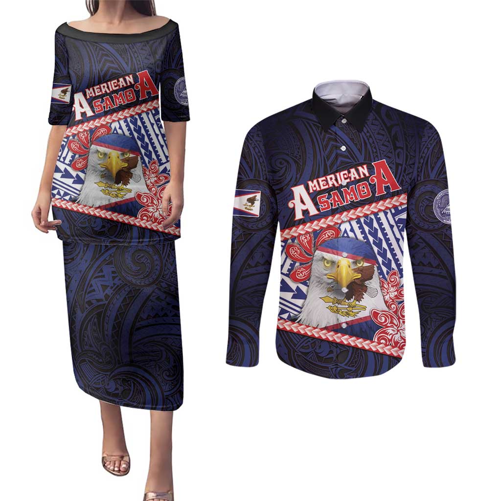 Personalized American Samoa Couples Matching Puletasi and Long Sleeve Button Shirt Bald Eagle With Polynesian Pattern - Polynesian Pride