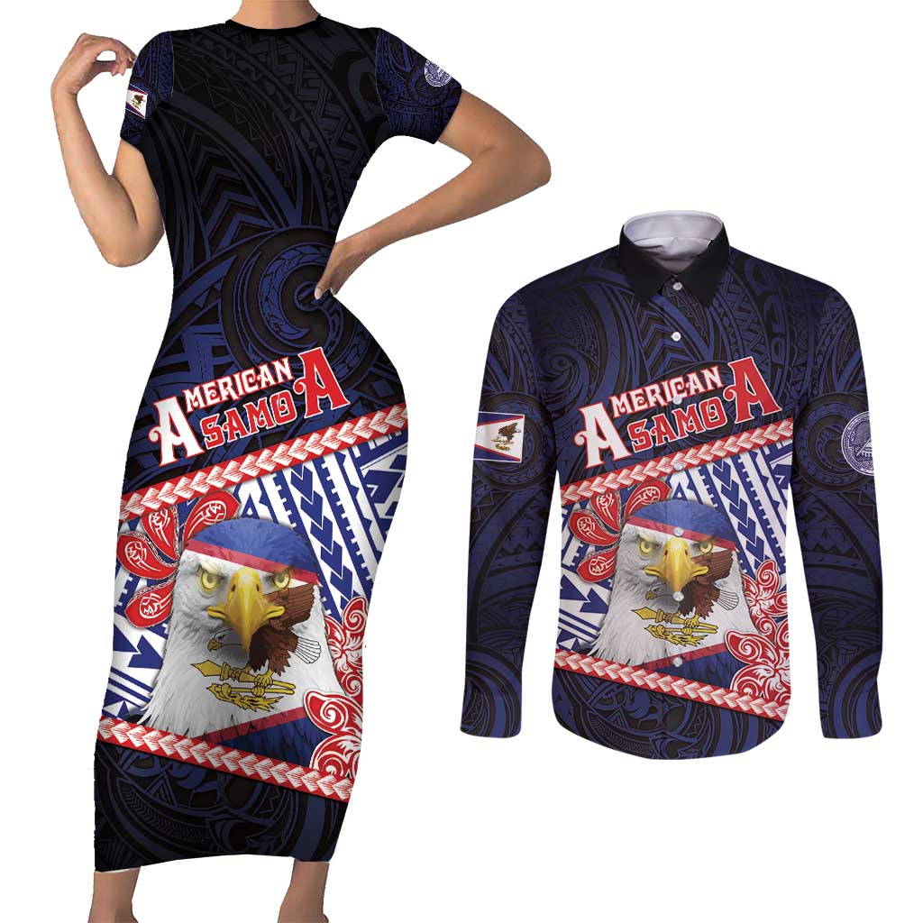 Personalized American Samoa Couples Matching Short Sleeve Bodycon Dress and Long Sleeve Button Shirt Bald Eagle With Polynesian Pattern DT05 Navy - Polynesian Pride