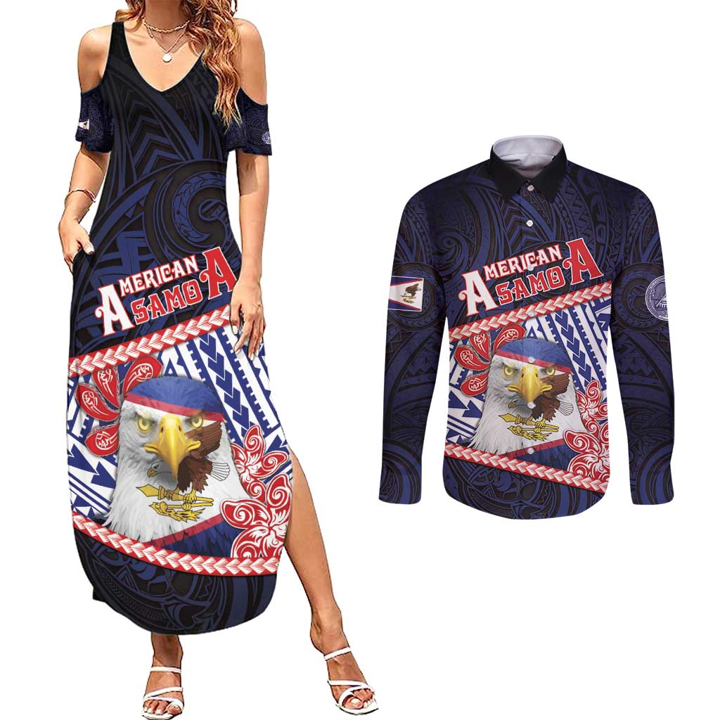 Personalized American Samoa Couples Matching Summer Maxi Dress and Long Sleeve Button Shirt Bald Eagle With Polynesian Pattern DT05 Navy - Polynesian Pride