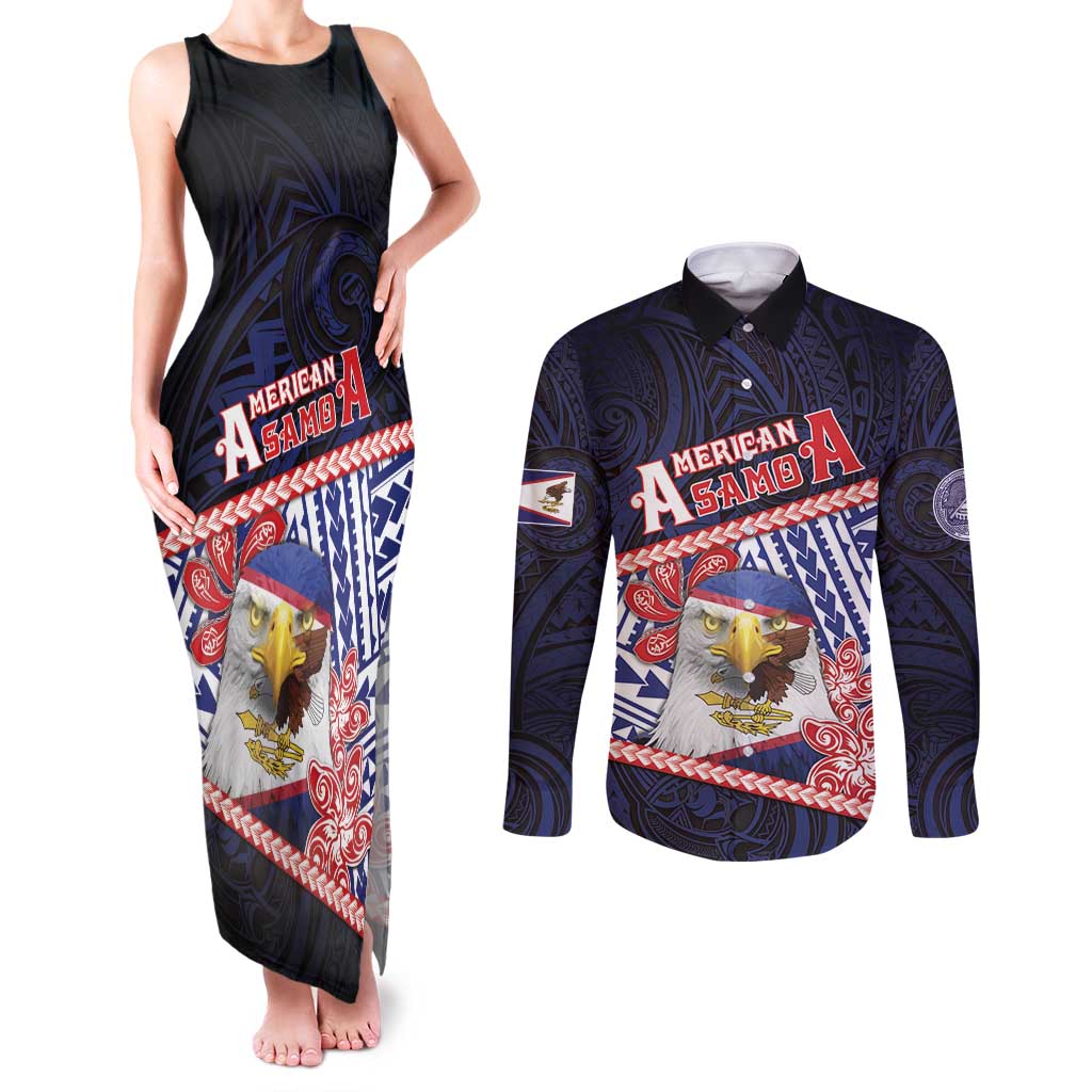 Personalized American Samoa Couples Matching Tank Maxi Dress and Long Sleeve Button Shirt Bald Eagle With Polynesian Pattern DT05 Navy - Polynesian Pride