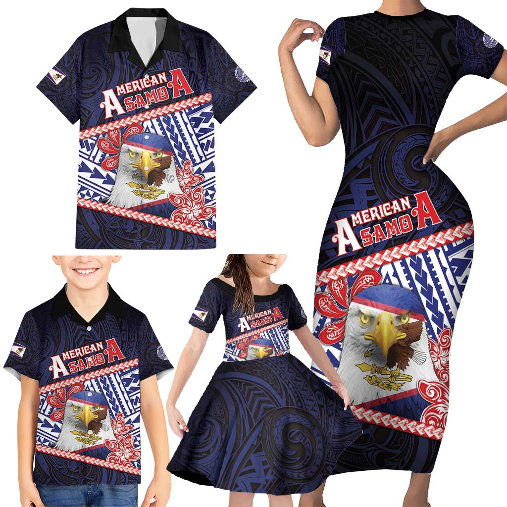 Personalized American Samoa Family Matching Short Sleeve Bodycon Dress and Hawaiian Shirt Bald Eagle With Polynesian Pattern - Polynesian Pride