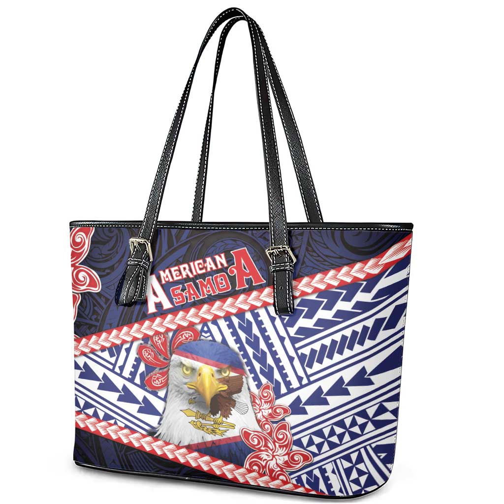American Samoa Leather Tote Bag Bald Eagle With Polynesian Pattern - Polynesian Pride