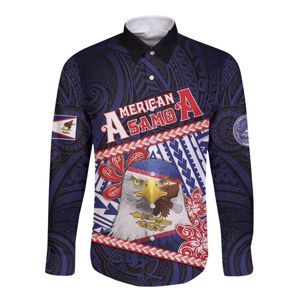 Personalized American Samoa Long Sleeve Button Shirt Bald Eagle With Polynesian Pattern DT05 Unisex Navy - Polynesian Pride