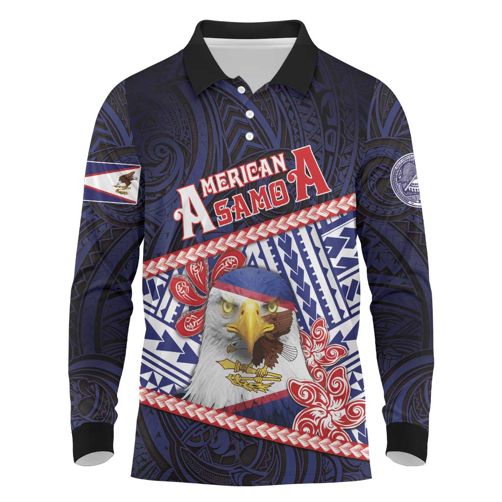 Personalized American Samoa Long Sleeve Polo Shirt Bald Eagle With Polynesian Pattern DT05 Navy - Polynesian Pride