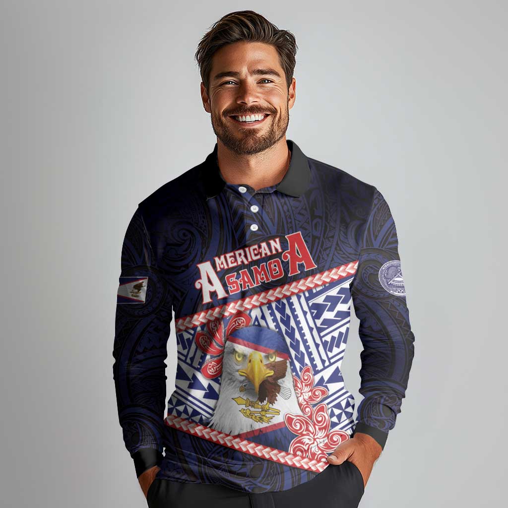 Personalized American Samoa Long Sleeve Polo Shirt Bald Eagle With Polynesian Pattern - Polynesian Pride