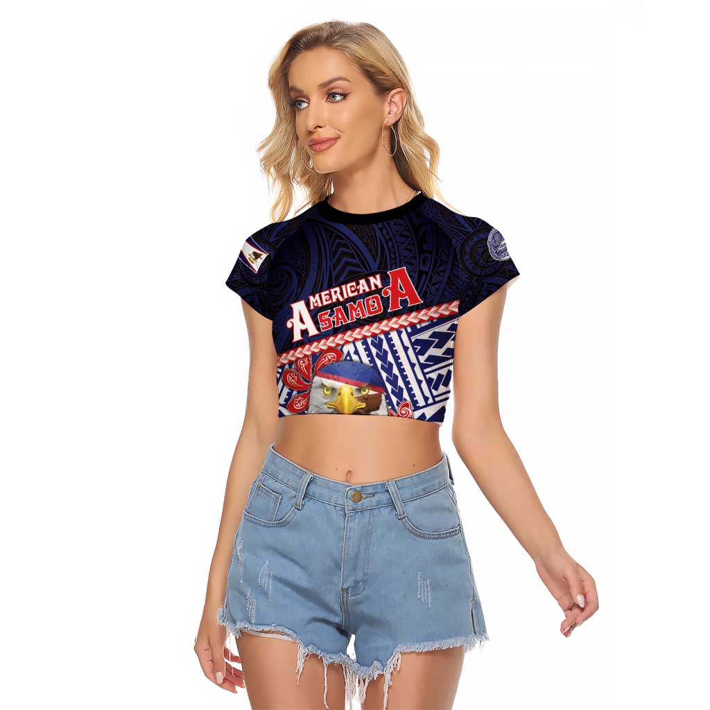 Personalized American Samoa Raglan Cropped T Shirt Bald Eagle With Polynesian Pattern DT05 Female Navy - Polynesian Pride