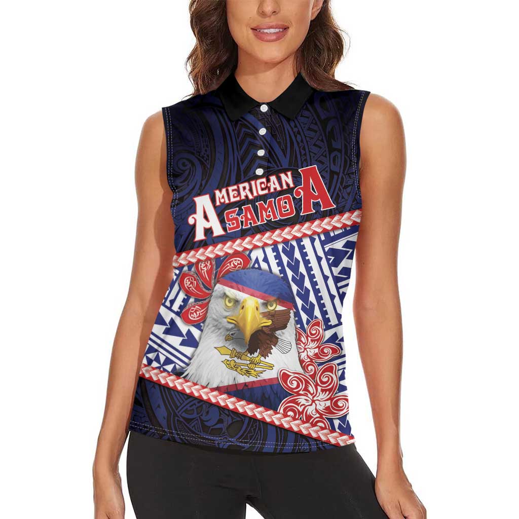 Personalized American Samoa Women Sleeveless Polo Shirt Bald Eagle With Polynesian Pattern - Polynesian Pride