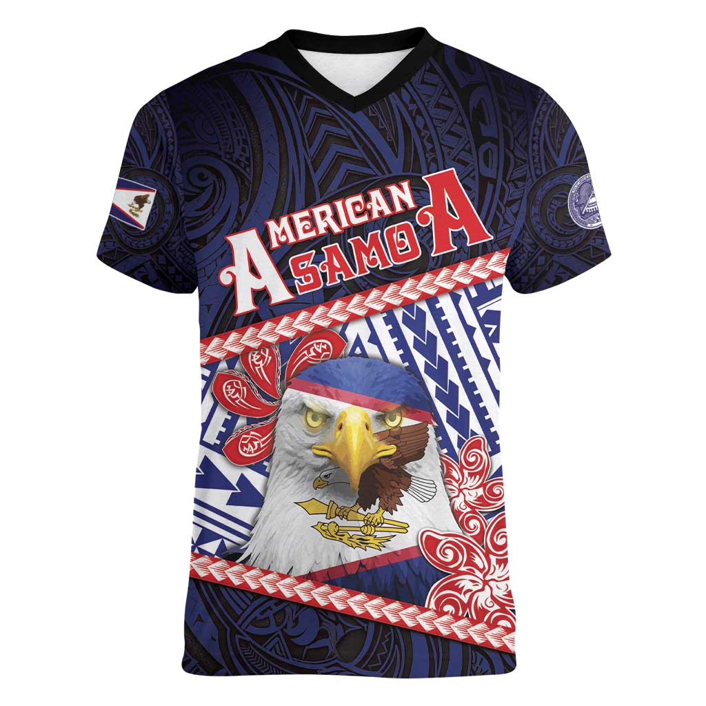 Personalized American Samoa Women V-Neck T-Shirt Bald Eagle With Polynesian Pattern DT05 Female Navy - Polynesian Pride