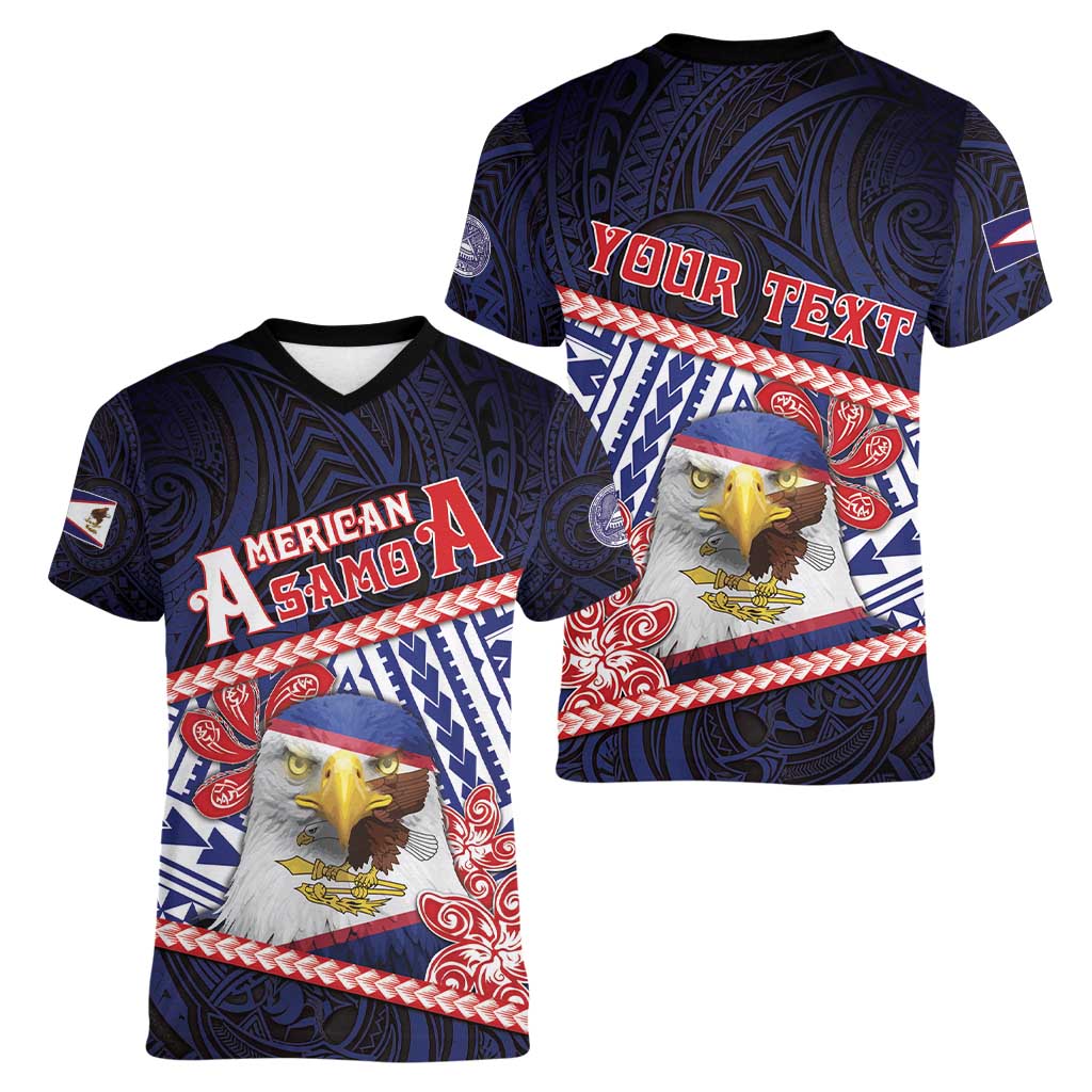 Personalized American Samoa Women V-Neck T-Shirt Bald Eagle With Polynesian Pattern - Polynesian Pride
