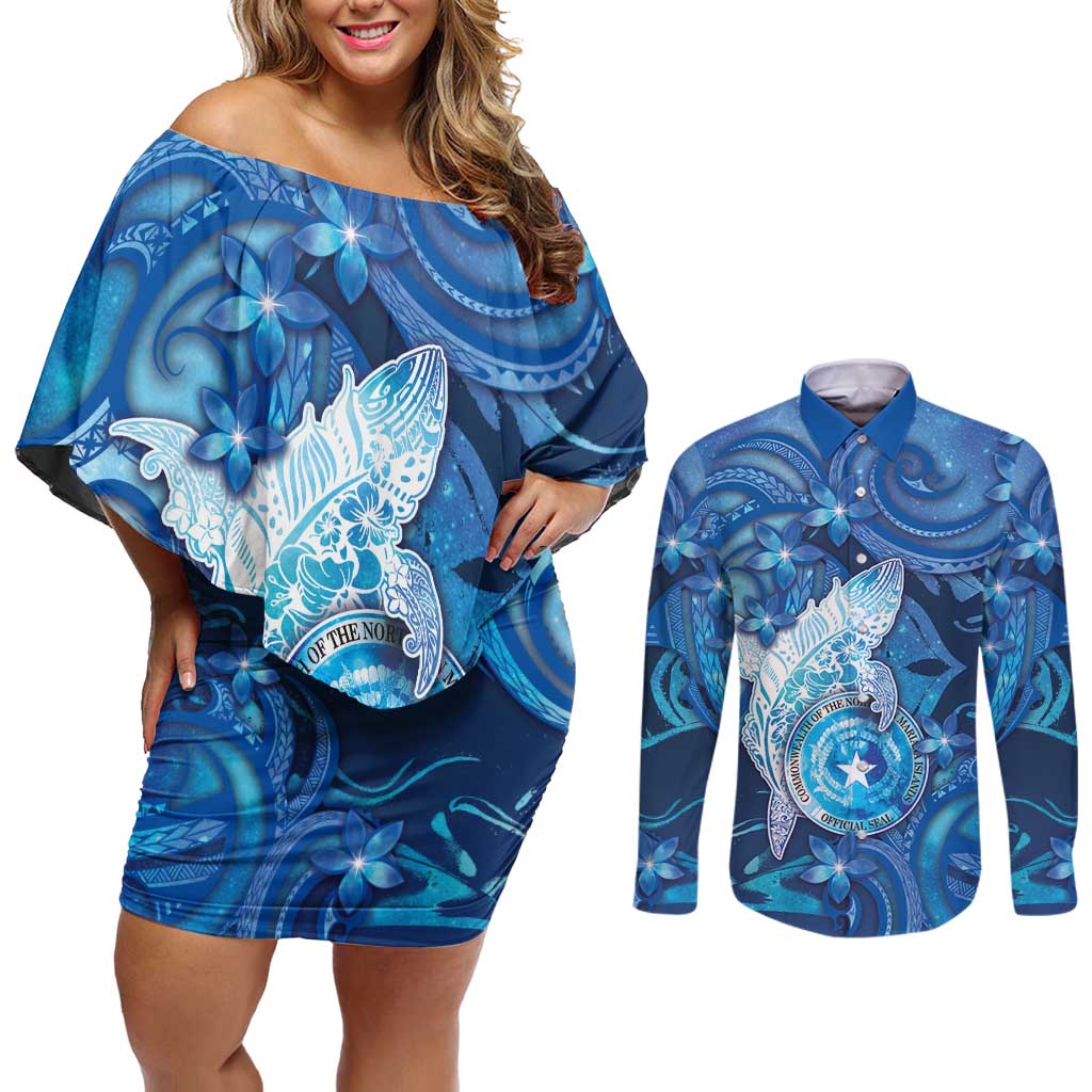 Personalised Northern Mariana Islands Couples Matching Off Shoulder Short Dress and Long Sleeve Button Shirt Galaxy Polynesian Shark Tattoo DT05 Blue - Polynesian Pride