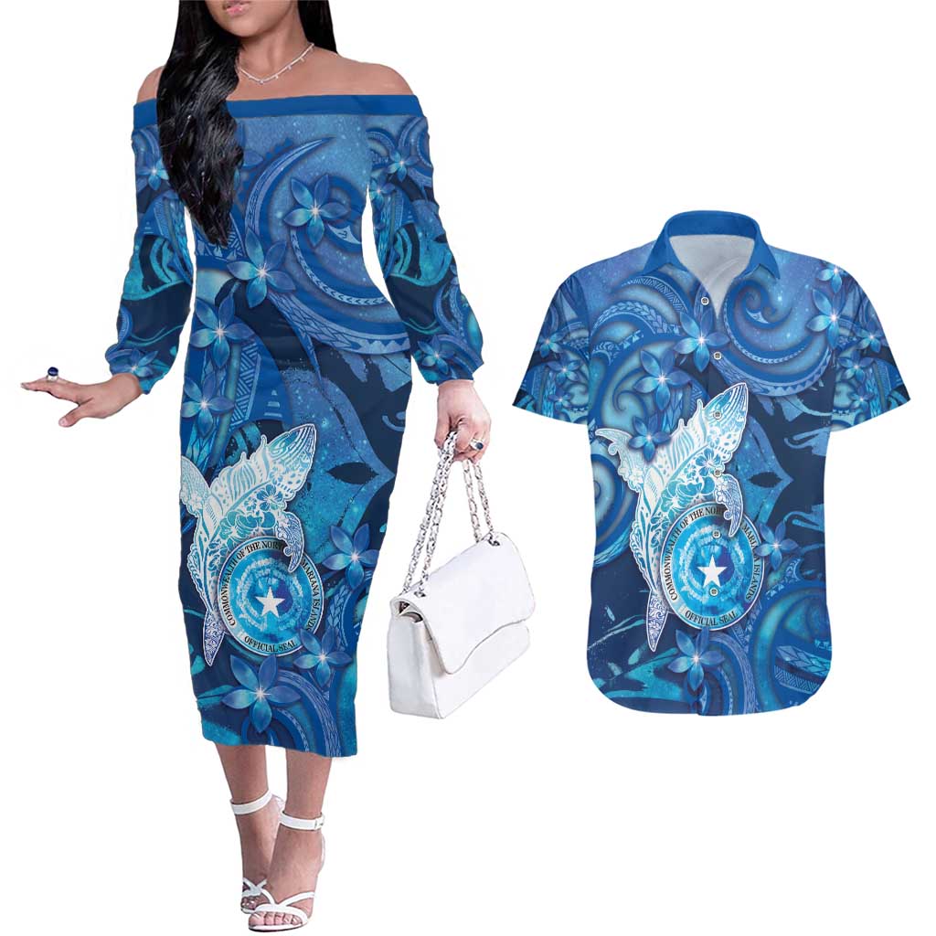 Personalised Northern Mariana Islands Couples Matching Off The Shoulder Long Sleeve Dress and Hawaiian Shirt Galaxy Polynesian Shark Tattoo - Polynesian Pride