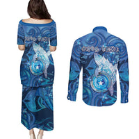 Personalised Northern Mariana Islands Couples Matching Puletasi and Long Sleeve Button Shirt Galaxy Polynesian Shark Tattoo DT05 - Polynesian Pride