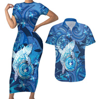 Personalised Northern Mariana Islands Couples Matching Short Sleeve Bodycon Dress and Hawaiian Shirt Galaxy Polynesian Shark Tattoo - Polynesian Pride