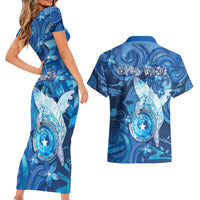 Personalised Northern Mariana Islands Couples Matching Short Sleeve Bodycon Dress and Hawaiian Shirt Galaxy Polynesian Shark Tattoo - Polynesian Pride