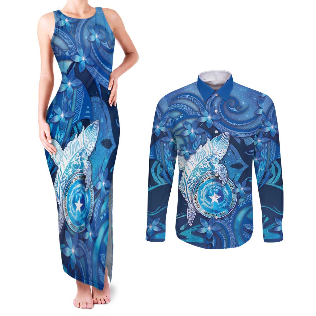 Personalised Northern Mariana Islands Couples Matching Tank Maxi Dress and Long Sleeve Button Shirt Galaxy Polynesian Shark Tattoo DT05 Blue - Polynesian Pride