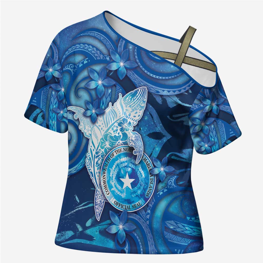 Personalised Northern Mariana Islands Cross Shoulder Shirt Galaxy Polynesian Shark Tattoo DT05 Female Blue - Polynesian Pride