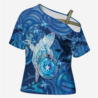 Personalised Northern Mariana Islands Cross Shoulder Shirt Galaxy Polynesian Shark Tattoo DT05 Female Blue - Polynesian Pride