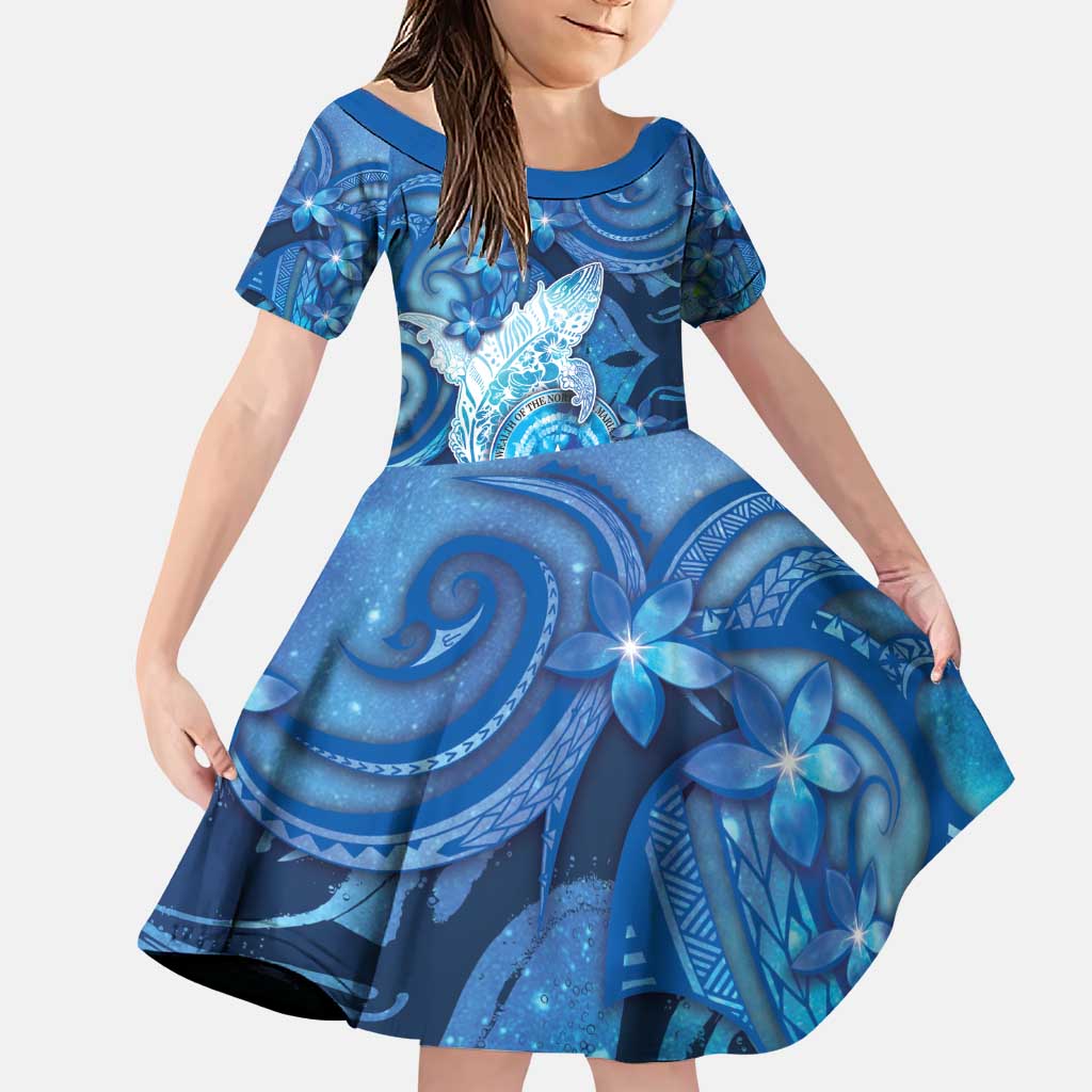 Personalised Northern Mariana Islands Family Matching Puletasi and Hawaiian Shirt Galaxy Polynesian Shark Tattoo DT05 Daughter's Dress Blue - Polynesian Pride