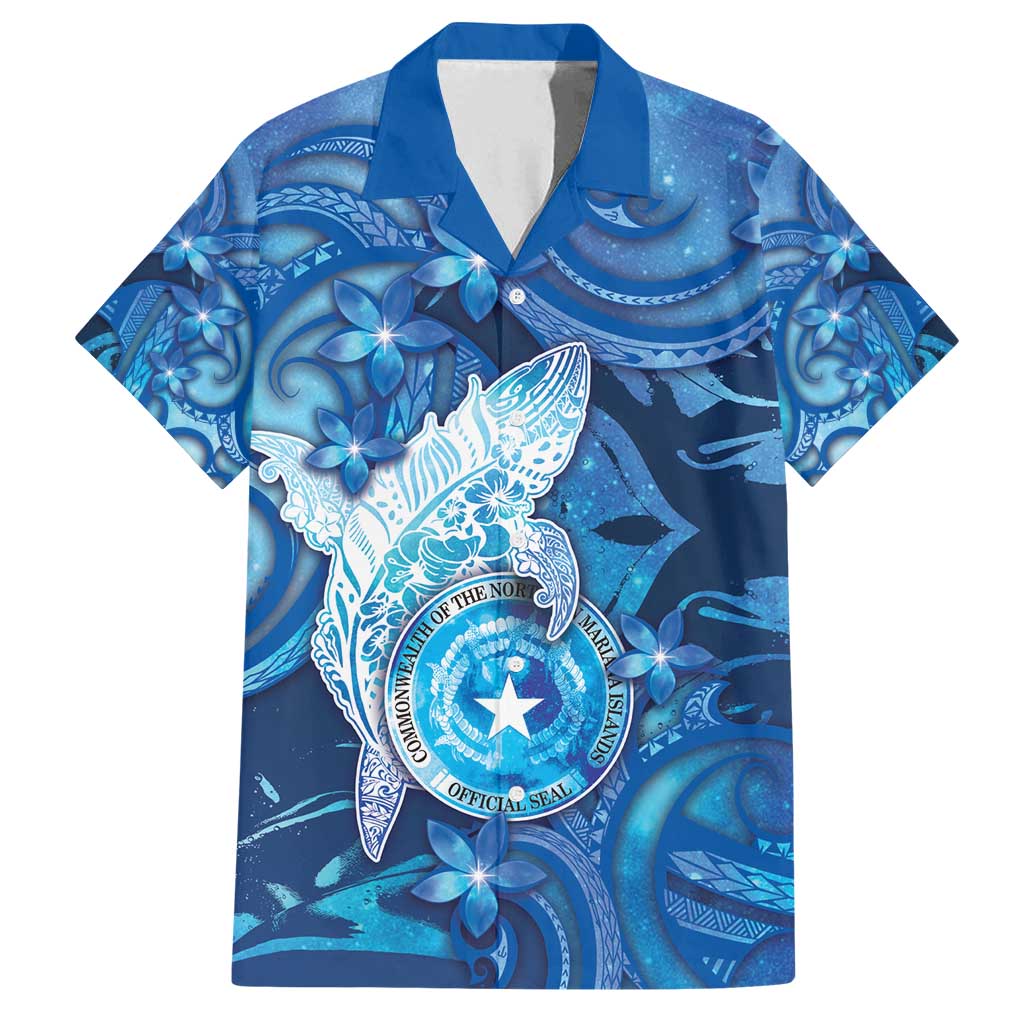 Personalised Northern Mariana Islands Family Matching Puletasi and Hawaiian Shirt Galaxy Polynesian Shark Tattoo DT05 Dad's Shirt - Short Sleeve Blue - Polynesian Pride