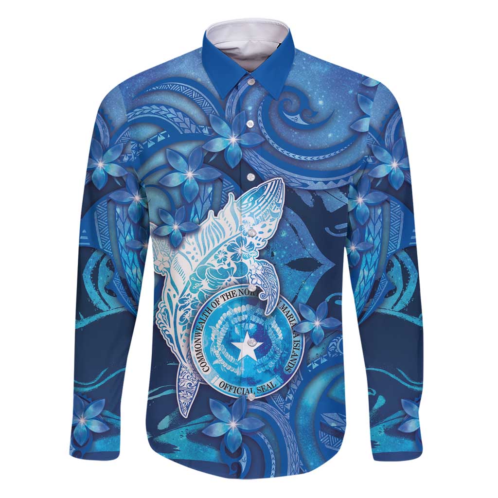 Personalised Northern Mariana Islands Family Matching Puletasi and Hawaiian Shirt Galaxy Polynesian Shark Tattoo DT05 Dad's Shirt - Long Sleeve Blue - Polynesian Pride