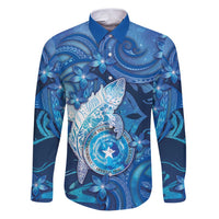 Personalised Northern Mariana Islands Family Matching Puletasi and Hawaiian Shirt Galaxy Polynesian Shark Tattoo DT05 Dad's Shirt - Long Sleeve Blue - Polynesian Pride