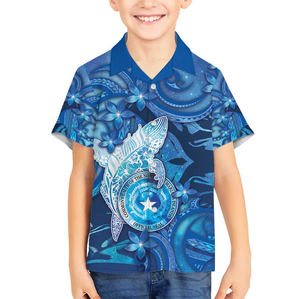 Personalised Northern Mariana Islands Family Matching Puletasi and Hawaiian Shirt Galaxy Polynesian Shark Tattoo DT05 Son's Shirt Blue - Polynesian Pride