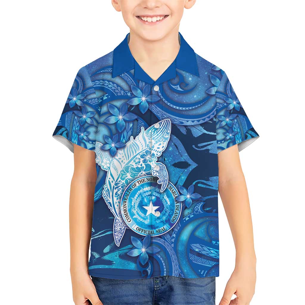 Personalised Northern Mariana Islands Kid Hawaiian Shirt Galaxy Polynesian Shark Tattoo DT05 Kid Blue - Polynesian Pride
