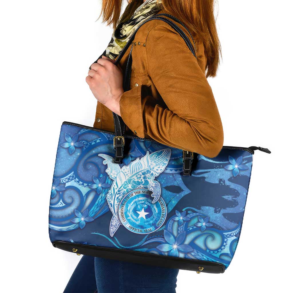 Northern Mariana Islands Leather Tote Bag Galaxy Polynesian Shark Tattoo DT05 Blue - Polynesian Pride